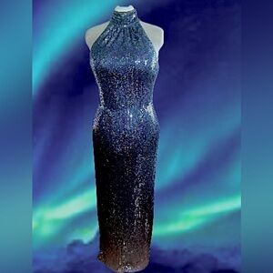 Sténay “vintage” iridescent navy sequin halter gown. Sz 10